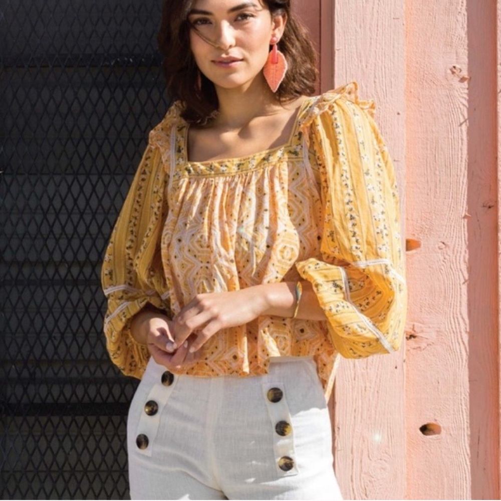 Free People Mostly Meadow Floral Boho Peasant Balloon Sleeve Crop Top Yellow XS